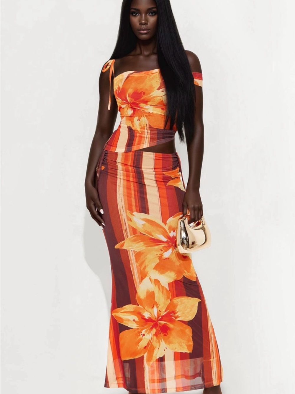 Fashion Nova Orange Floral Maxi Dress with Tropical Print